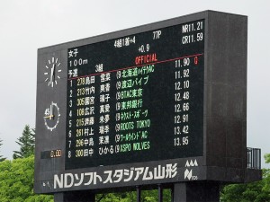 予選3組1位になった島田選手の成績を示す電光掲示板
